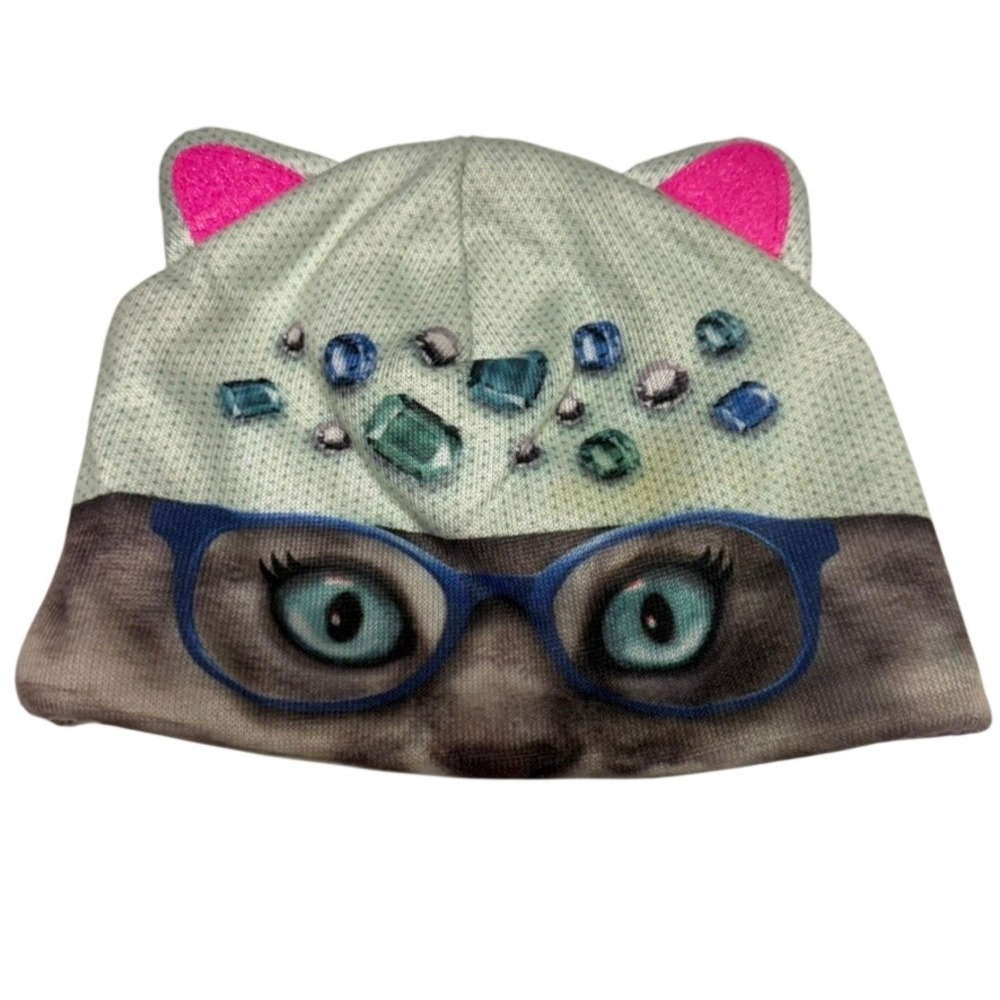 Justice Girls Cat Beanie Hat with Ears Fleece Lined Teal Grey One Size